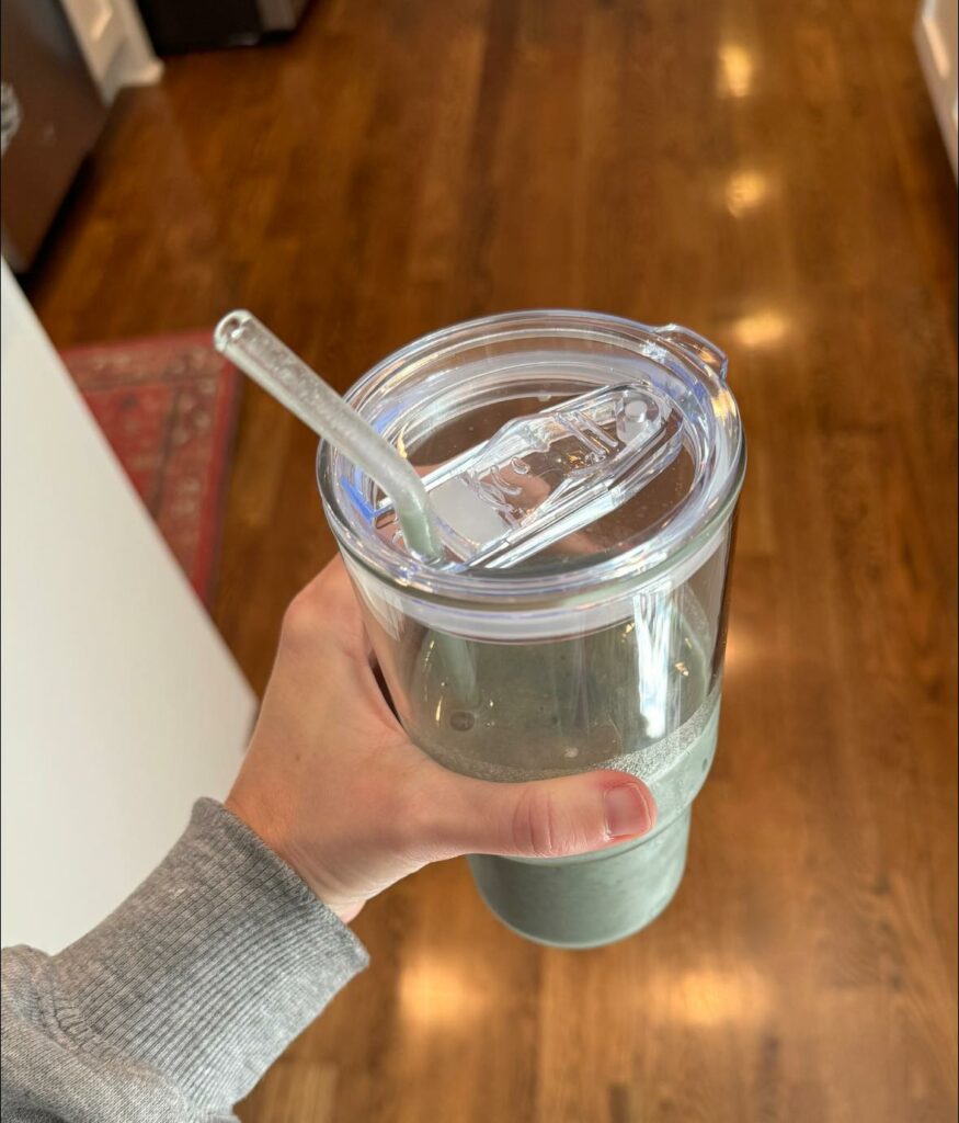 triple boost hugh and grace shake in a glass tumbler